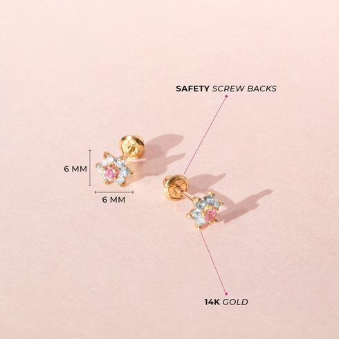 aretes flores para niñas pequeñas oro amarillo 14k circonita cúbica