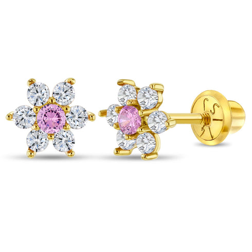 aretes flores para niñas pequeñas oro amarillo 14k circonita cúbica
