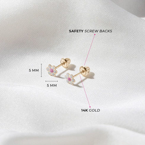 aretes flor margarita para bebes oro amarillo 14k con esmalte rosa y blanco
