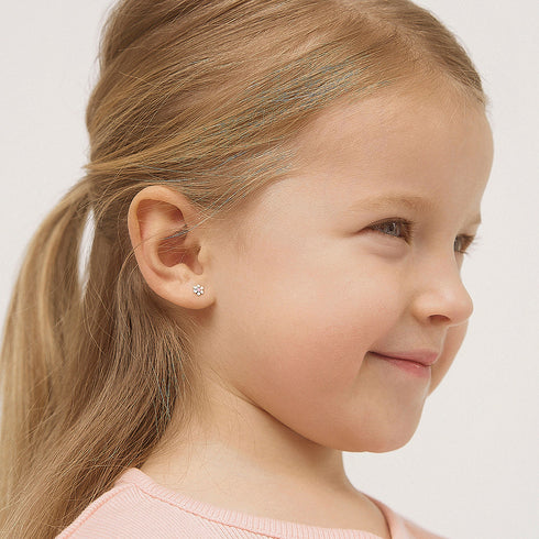 aretes flor margarita para bebes oro amarillo 14k con esmalte rosa y blanco