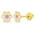 aretes flor margarita para bebes oro amarillo 14k con esmalte rosa y blanco