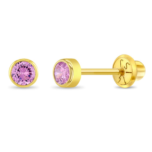 aretes punto de luz para bebé y niñas pequeñas oro amarillo 14k con circonita cúbica rosa