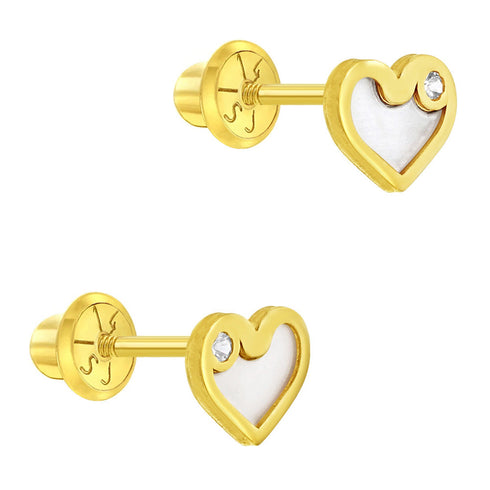 aretes corazón para niñas pequeñas oro amarillo 14k con nácar natural y circonita cúbica