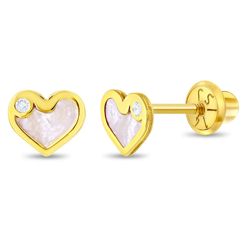 aretes corazón para niñas pequeñas oro amarillo 14k con nácar natural y circonita cúbica