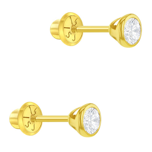 aretes bisel 4 mm para niñas pequeñas oro amarillo 14k con circonita cúbica