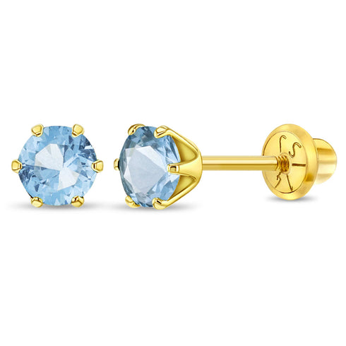 aretes clásicos con circonita cúbica azul agua 6 garras para niñas pequeñas oro amarillo 14k