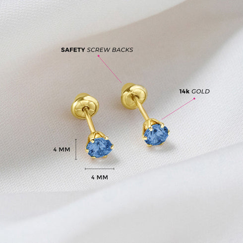 aretes clásicos con circonita cúbica azul 6 garras para niñas pequeñas oro amarillo 14k