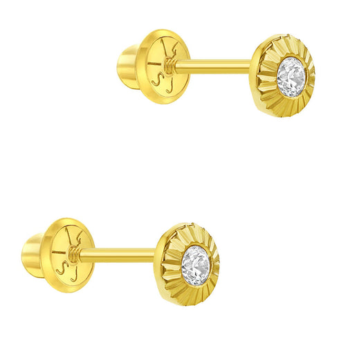 aretes girasol para bebé y niñas pequeñas oro amarillo 14k con circonita cúbica