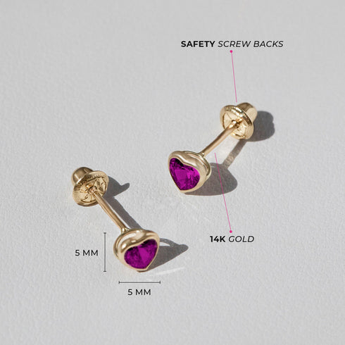 aretes bisel corazón con circonita cúbica rosa intenso para niñas pequeñas oro amarillo 14k