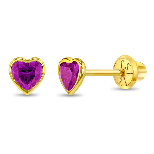 aretes bisel corazón con circonita cúbica rosa intenso para niñas pequeñas oro amarillo 14k